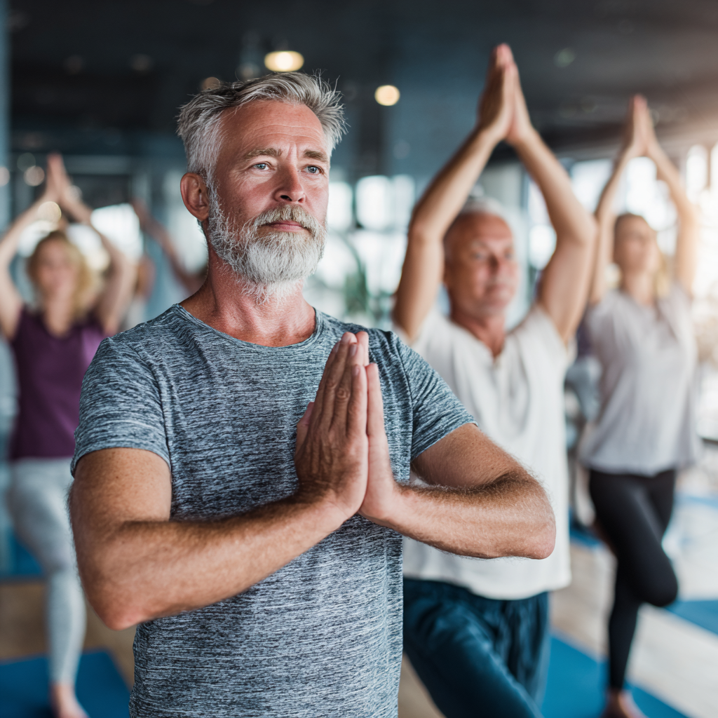 Group of middle-aged adults practicing yoga together in peaceful studio environment