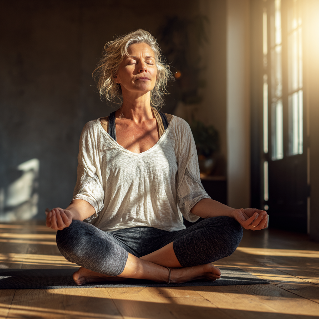 Middle-aged woman practicing peaceful yoga meditation in natural sunlight